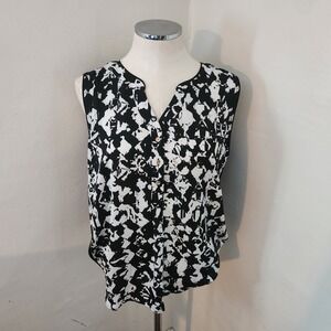 Hanna & Gracie Black White Abstract Print‎ Sleeveless V-Neck Button Front Top L